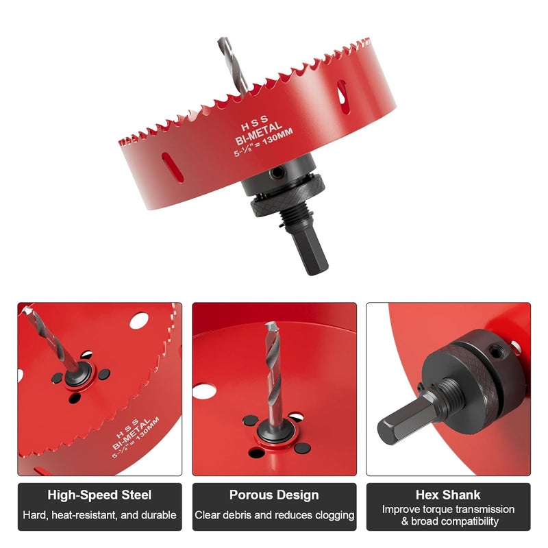 FIVELAKE 5-1/8" (130mm) Bi-Metal M42 High Speed Steel Hole Saw with Pilot Drill Bit, Smooth Cutting Edge for PVC, Drywall, Wood, Plastic, Gypsum Board, Rubber, Thin Metal - Image 2